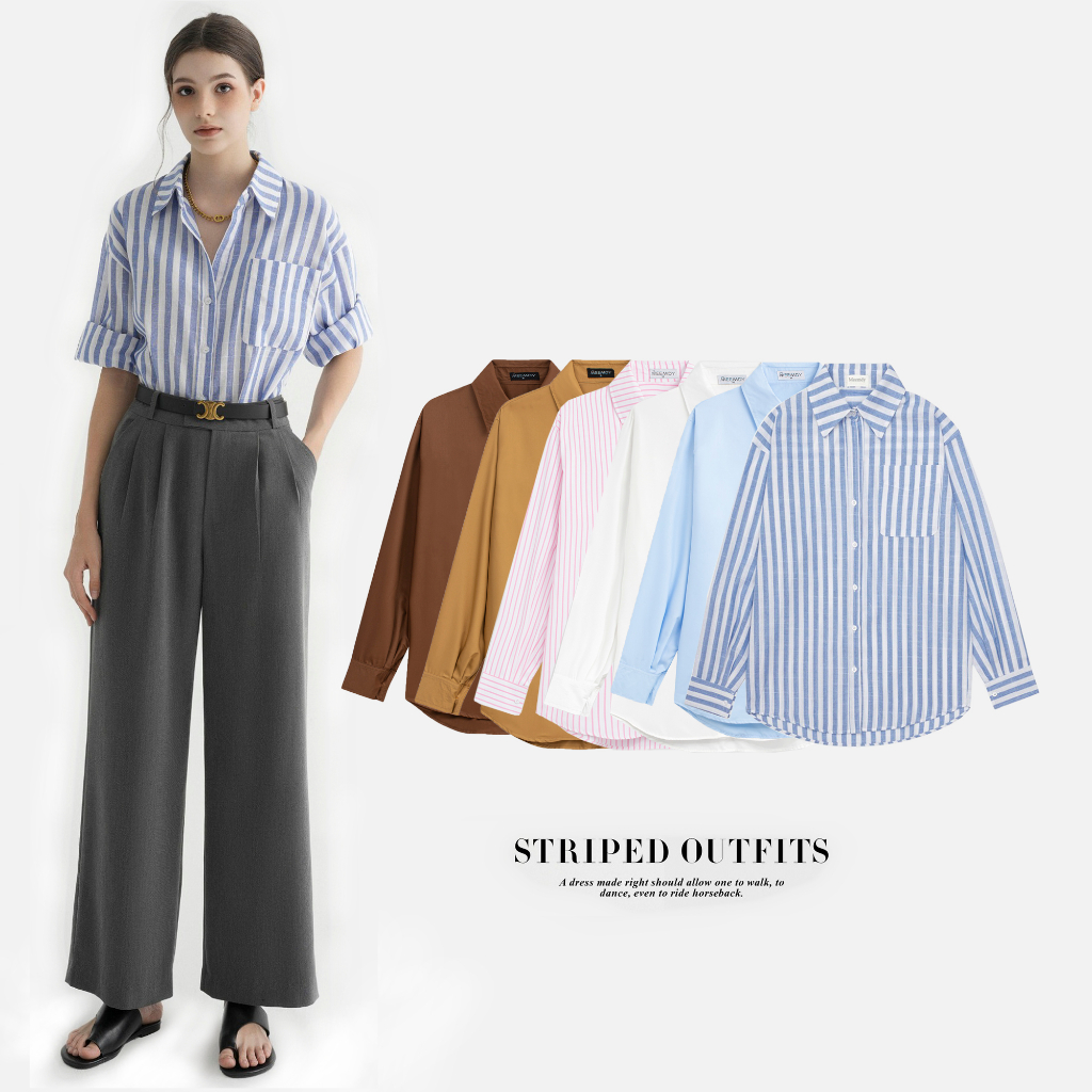 Áo sơ mi nữ MEEMDY oversize kẻ sọc xanh chất liệu linen