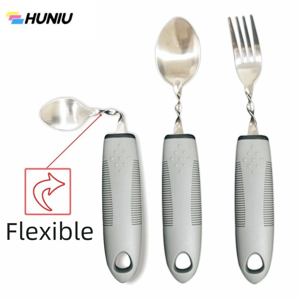 HUNIU 3Pcs สแตนเลสสตีล อุปกรณ์รับประทานอาหารแบบปรับเปลี่ยนได้ ด้ามจับมีพื้นผิว โค้งงอได้ ชุดช้อนส้อม ป้องกันการสั่นสะเทือน กันลื่น ช้อนรับประทานอาหารกันลื่น การฟื้นฟูสมรรถภาพ ราคา 348 บาท*ส่งฟรี