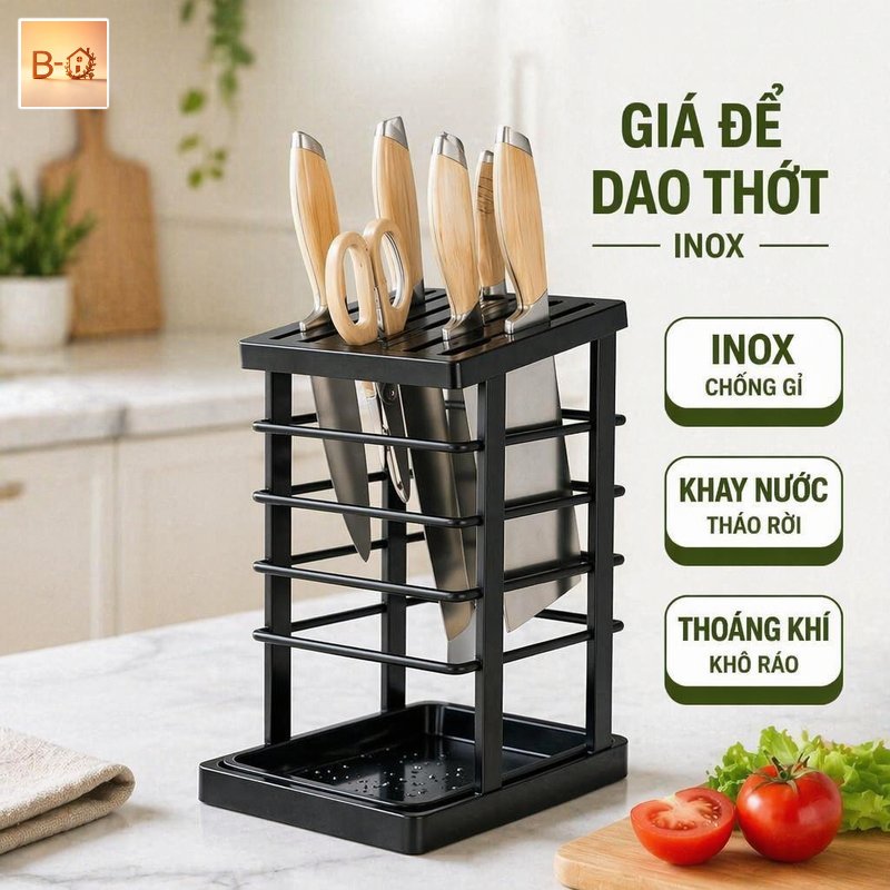 B-HQ kệ úp dao thớt inox giá để bàn khay hứng nước ống cắm đũa chống gỉ thoáng khí dễ tháo lắp kệ bếp