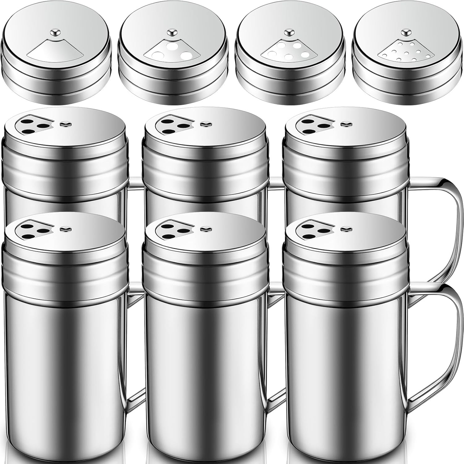 6 Pcs 14 oz Spice Shaker with Holes and Lids Seasoning Bottles with Handle 304 Stainless Steel Dredge Shaker Salt Pepper Containers with Lids and Adjustabl