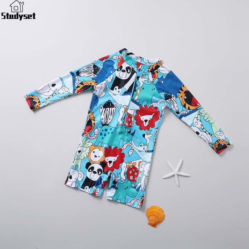 Studyset IN stock Baby Boys One-piece Swimsuit Cool Animal Paradise Print Quick-drying Long Sleeve Sunscreen Surfing Suit