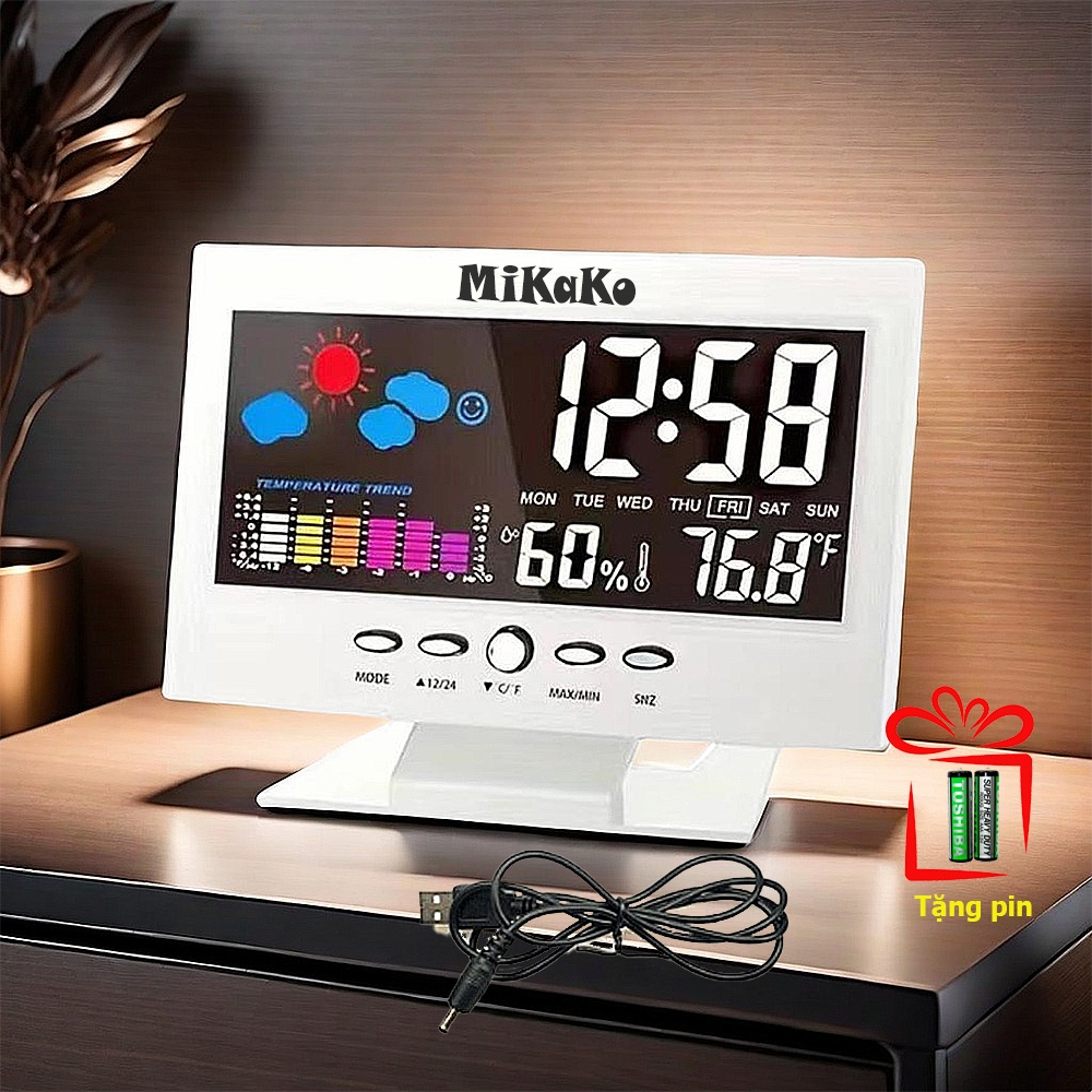 Đồng Hồ Thời Tiết MiKako Để Bàn Báo Thức Cảm Ứng Âm Thanh Trang Trí Bàn Làm Việc