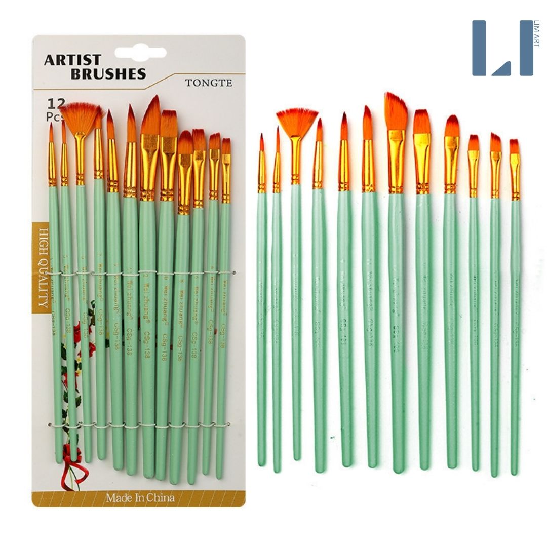 Bộ 12 cọ vẽ tranh lông mềm cán gỗ thích hợp cho màu nước acrylic sơn dầu gouache LIM Art