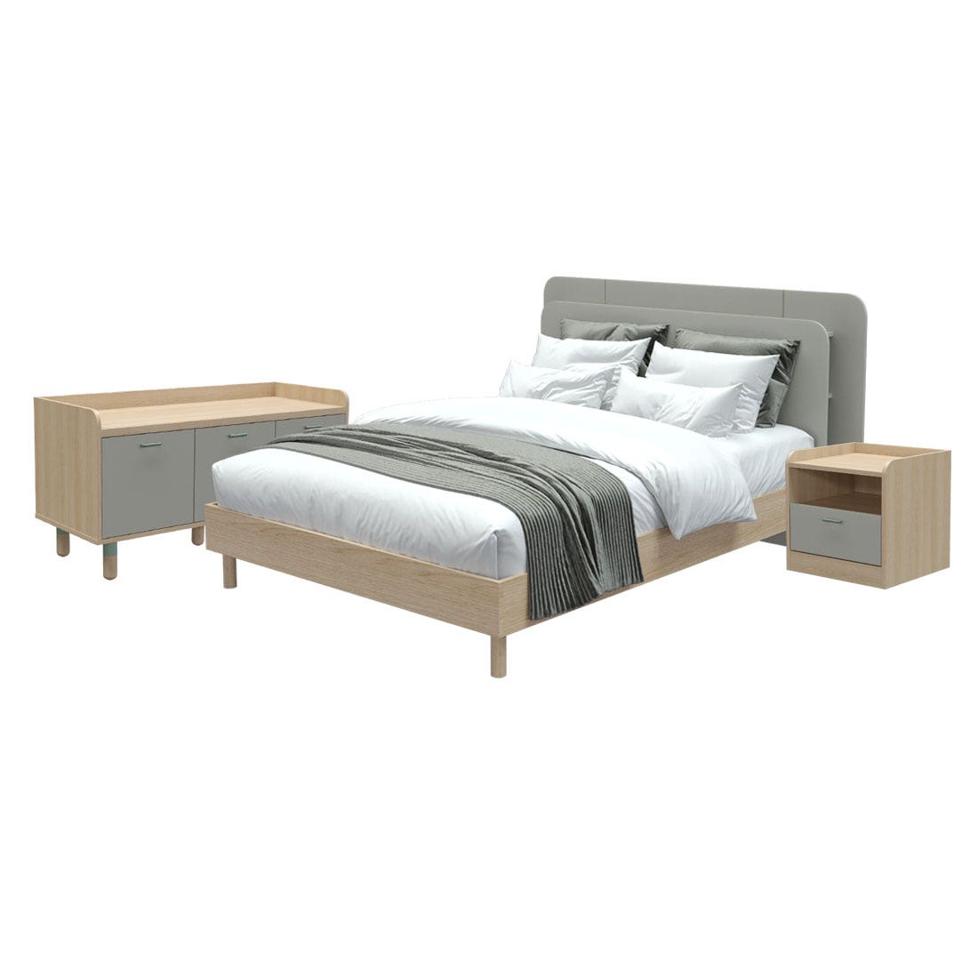 Koncept Furniture ชุดห้องนอน ขนาด 6 ฟุต พร้อมตู้ข้างเตียง ขนาด 45 ซม. และ ชั้นวางทีวี ขนาด 120 ซม. รุ่น Brooker สีไม้อ่อน ราคา 14,900 บาท*ส่งฟรี