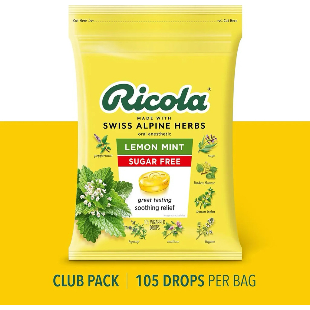 Kẹo Ngậm RICOLA Lemon Mint Giảm Ho, Không Đường, Thông Cổ, Mát Họng 105 Viên - Mỹ - - Kẹo Ricola được yêu thích trên toàn thế giới bởi hương vị thơm ngon đầy hương vị cam quýt ngọt ngào, bạc hà chanh tươi mát - sảng khoái - thoả mãn.