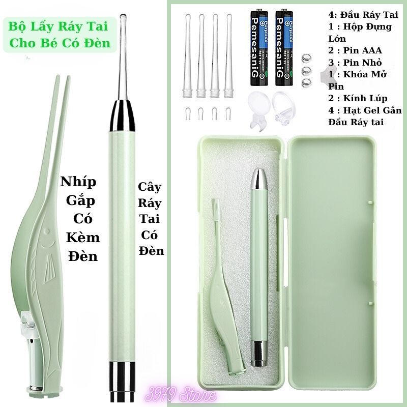Bộ 2 Nhíp & Cây Ráy Tai Có Đèn Kèm Kính Lúp Tặng Kèm 16 Phụ Kiện