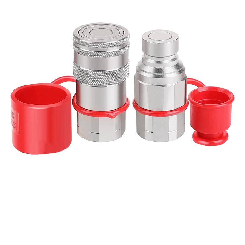 1/2Inch NPT Hydraulic Coupler Skid Steer Flat Face Quick Connect Couplings + 2PCS Dust Cap Silver Carbon Steel Tractor Hydraulic Coupler