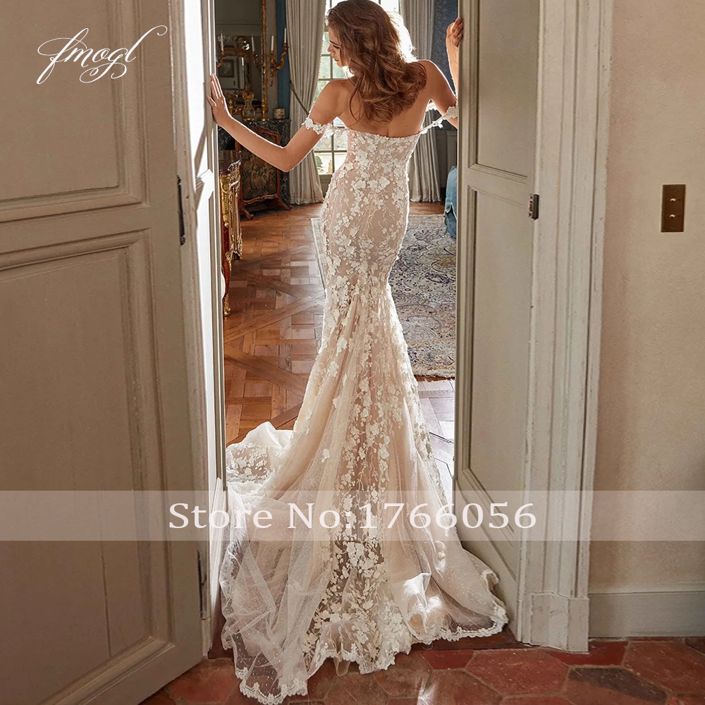 [MFPP] Fmogl Elegant Boat Neck Spaghetti Straps Lace Mermaid Wedding Dress Sexy Illusion Beaded Pearls Court Train Trumpet Bridal Gown ✬✫✩