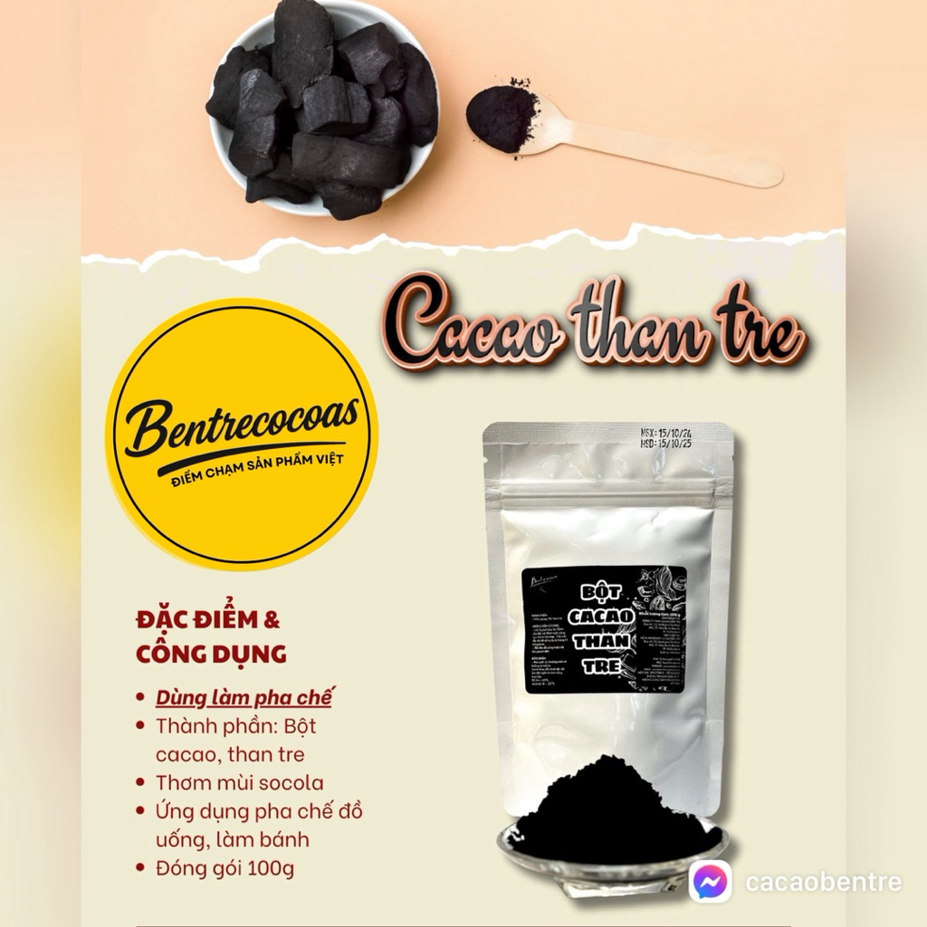 Bột cacao than tre, màu đen, mịn và tan nhanh, nguyên chất