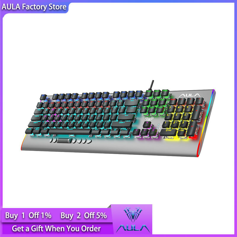 AULA factory store F2099 wired mechanical gaming keyboard crystal switch multimedia buttons full-key anti-ghosting Marco programming metal panel wired LED backlit keyboard suitable for PC gamers Singapore