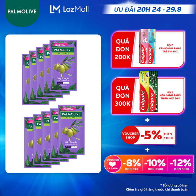 [Ưu đãi 20H 24.8 - 29.8_Áp voucher Colgate 5% + voucher LZD 8%]Bộ 10 gói Dầu gội Palmolive kèm dầu xả chiết xuất thiên nhiên 6g x 10