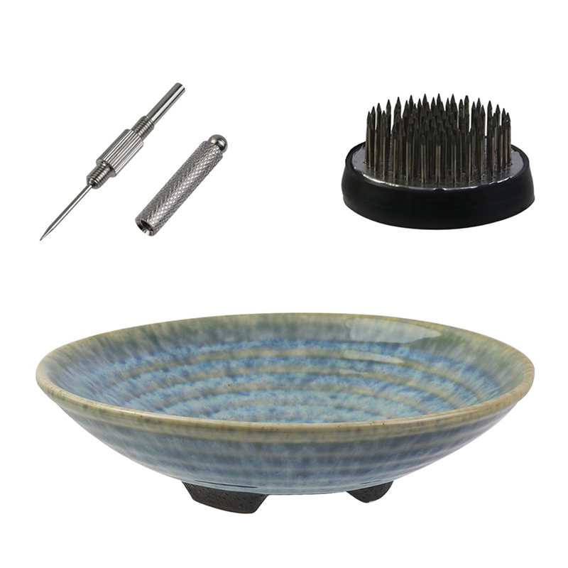 Ikebana Vase Kit, Ceramic Ikebana Bowl and Metal Flower Kenzan, with Needle Straightening Tool