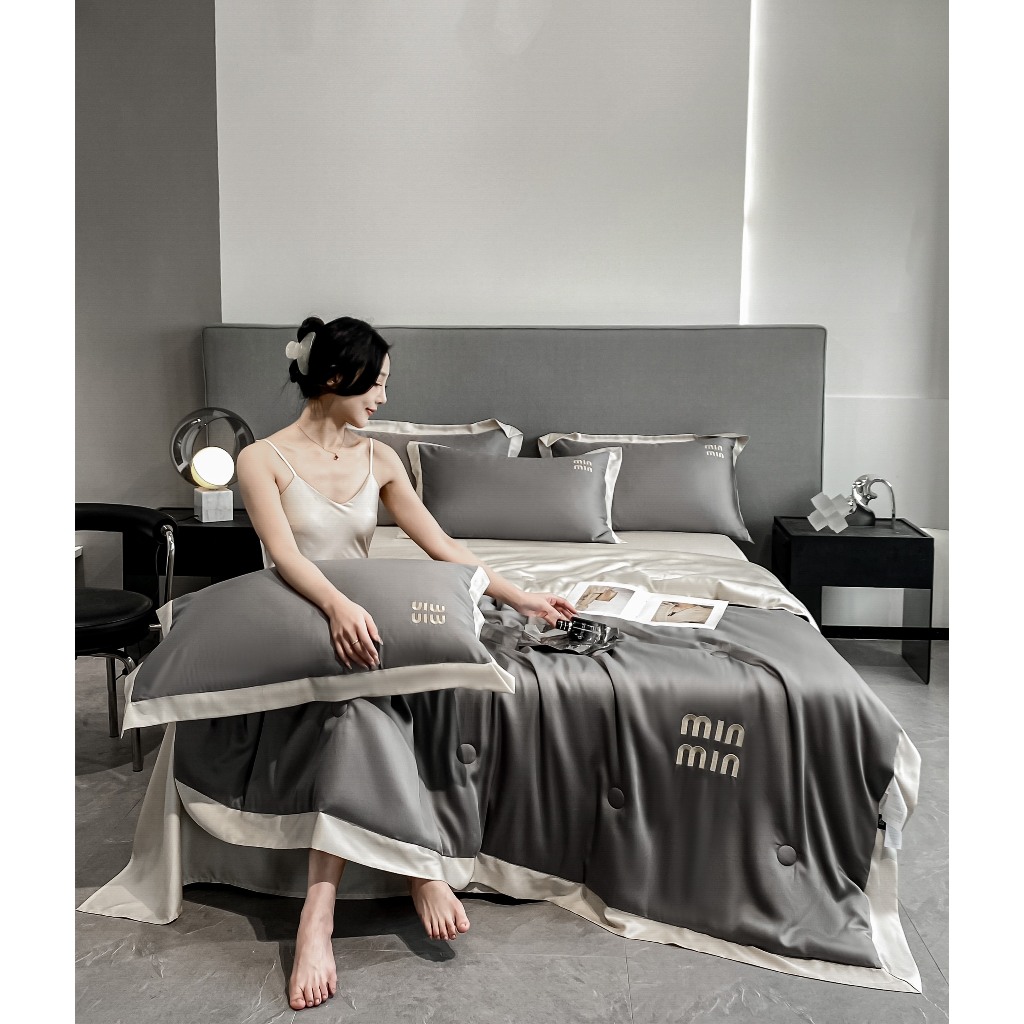 Bộ chăn ga gối lụa min min chăn hè trần bông, chất liệu mềm mướt đơn sắc sang trọng