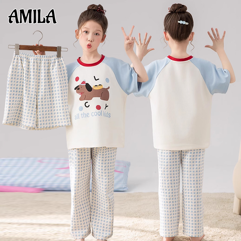 Amila Bộ bộ đồ pijamas mùa hè dễ thương cho bé gái có in hoạt hình và vừa vặn thoải mái