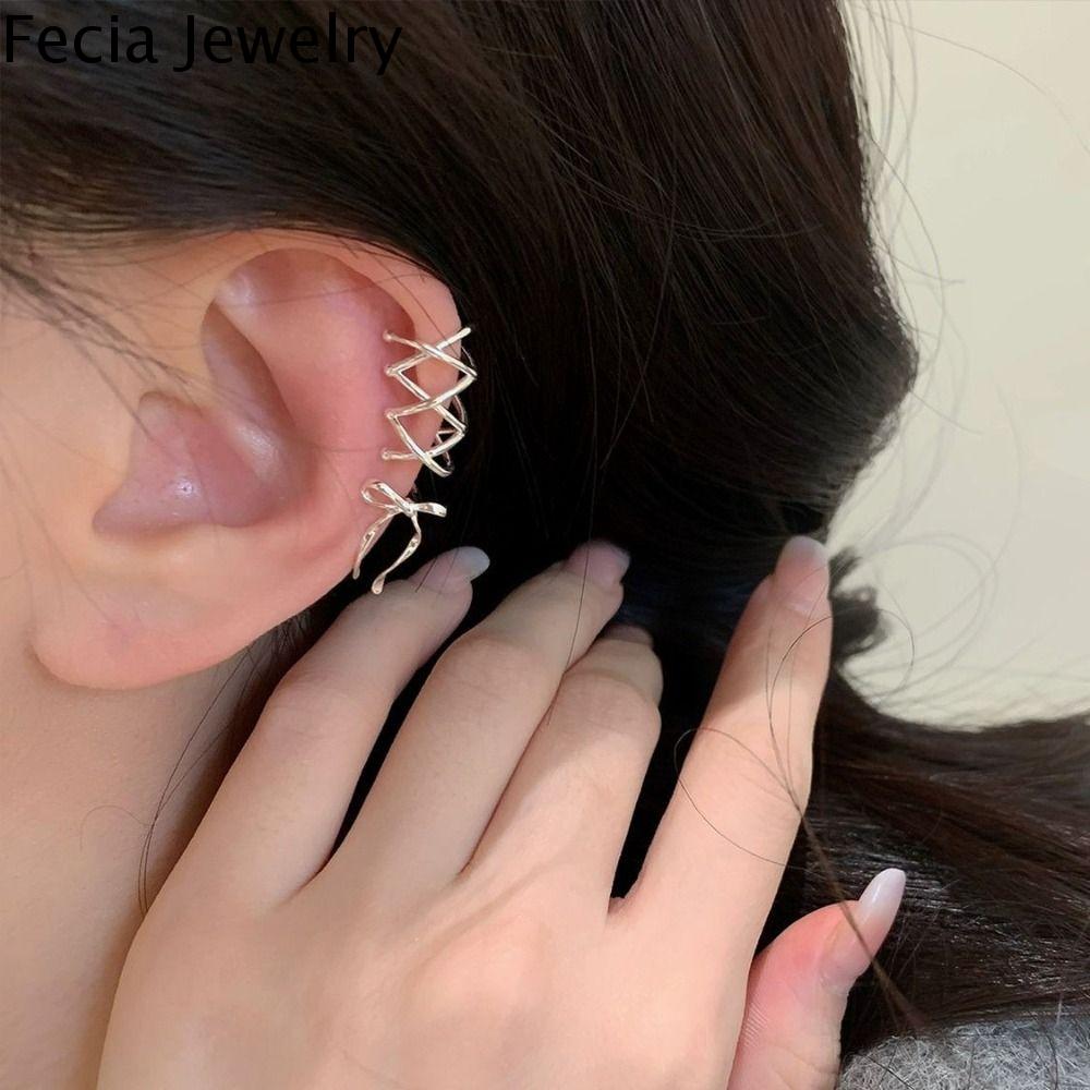 FECIA Harajuku Vòng đeo tai ruy băng balletcore Y2K Không xỏ lỗ Còng tai nơ viền Thời trang Gothic Kẹp tai hình nơ Phụ nữ
