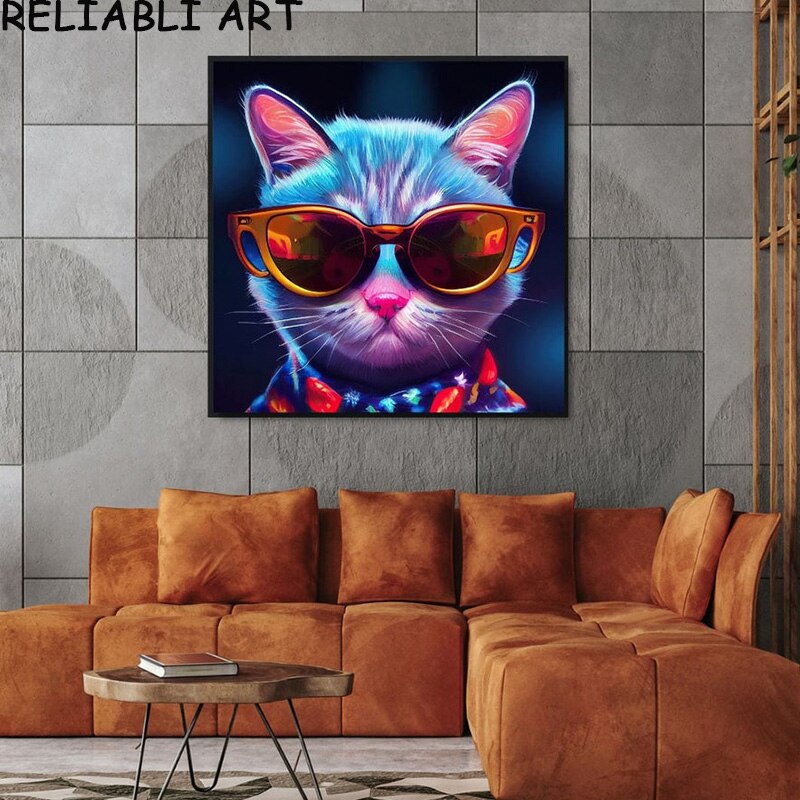 Mèo mát mẻ với kính, tác phẩm nghệ thuật động vật trừu tượng, Áp phích sơn vải, hình ảnh nghệ thuật treo tường, lý tưởng cho trang trí nhà phòng khách, không bao gồm khung