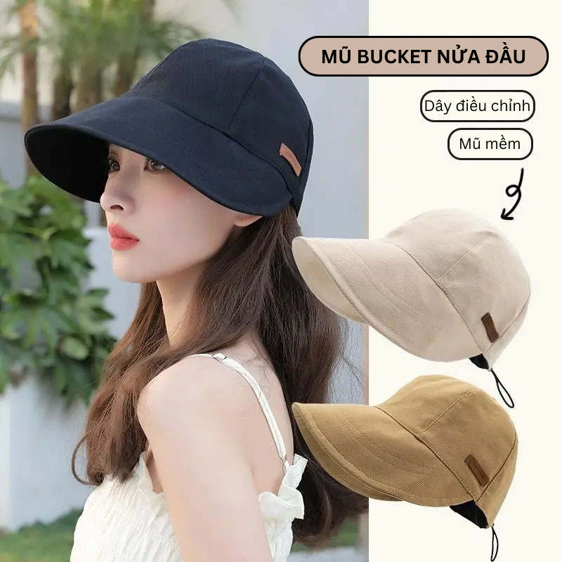 Mũ nón Bucket nửa đầu chống nắng phong cách Hàn Quốc, nón lưỡi trai vải mềm đi biển du lịch có dây rút
