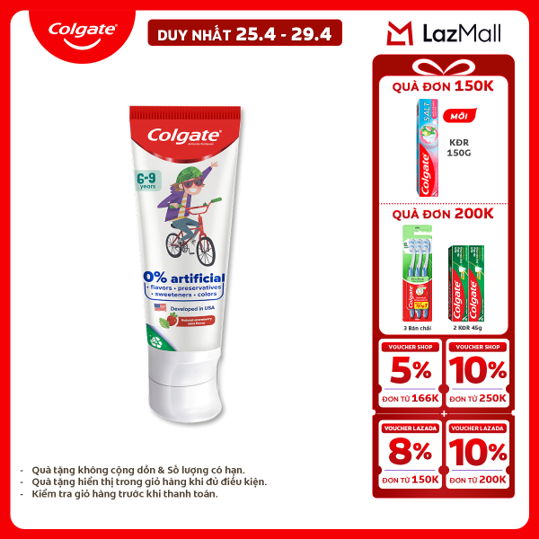[Chỉ 25-29.4_X2 Voucher giảm 20%] Kem đánh răng Colgate Kid Free From dành cho trẻ em 6-9 tuổi không hương liệu và chất bảo quản 80g