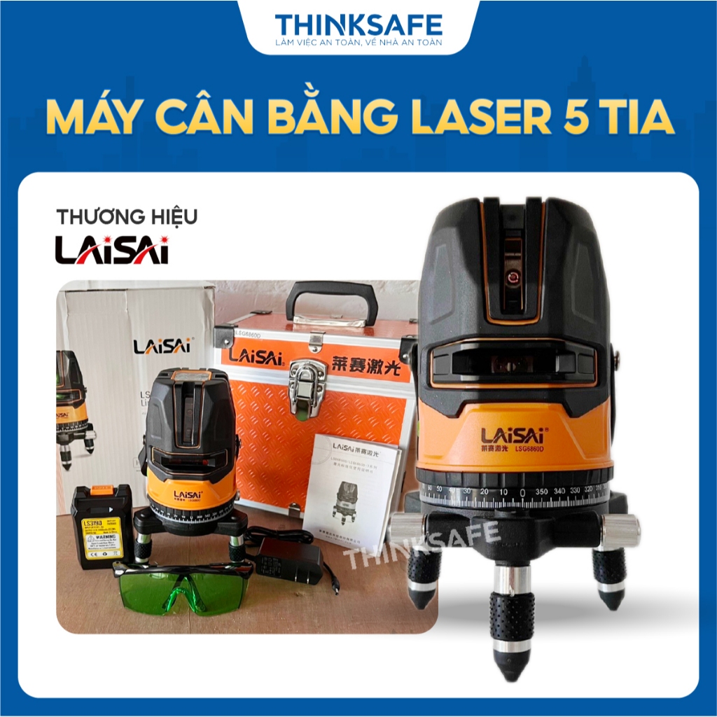 Máy cân bằng laser 5 tia xanh Laisai LSG6860D Máy cân mực bắn cốt phạm vi 35m gồm 1 tia ngang và 4 t