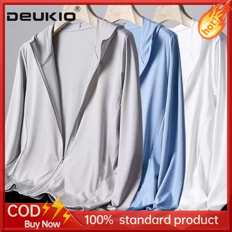 DEUKIO Hooded sun-protective clothing, men's and women's ice silk mesh, thin breathable outdoor fishing sun-protective clothing jacket ราคา 169 บาท*ส่งฟรี