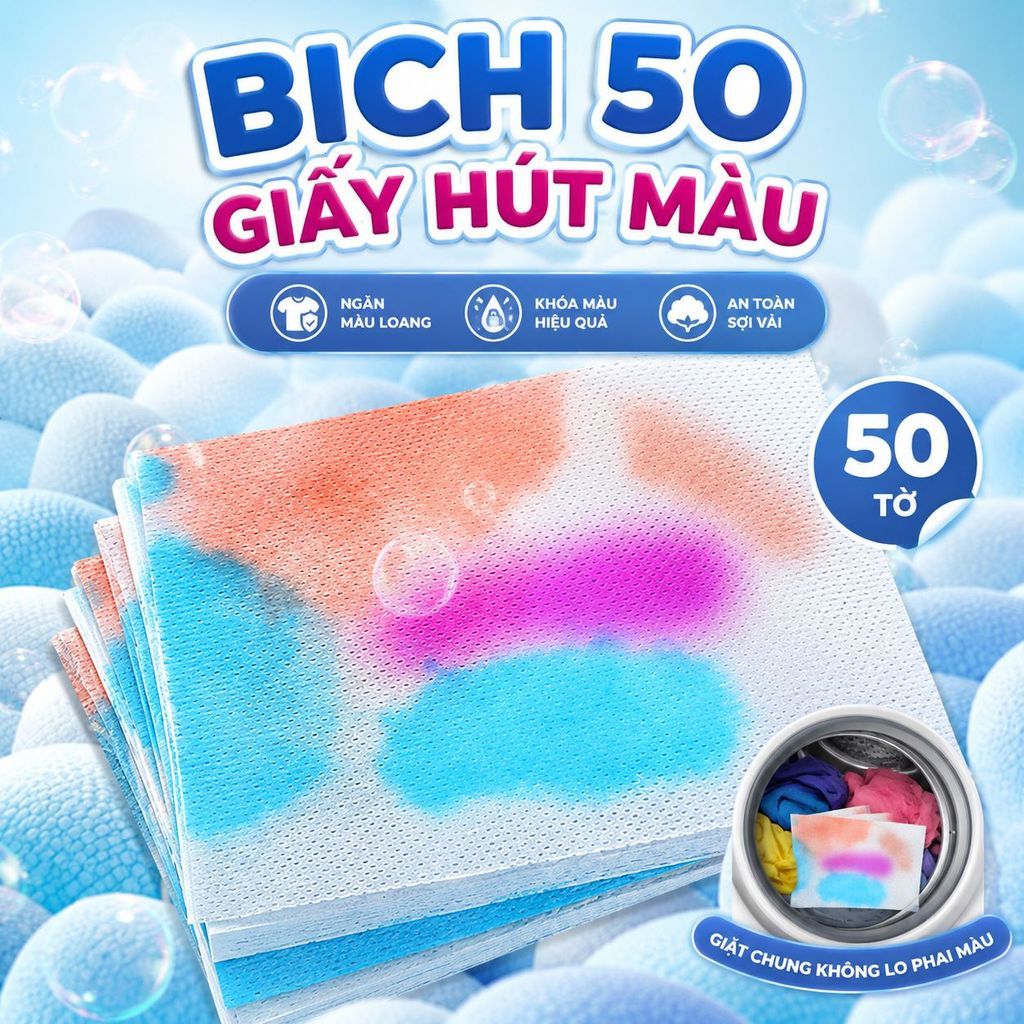 Bịch 50 tờ giấy hút màu giặt đồ ngăn loang màu quần áo