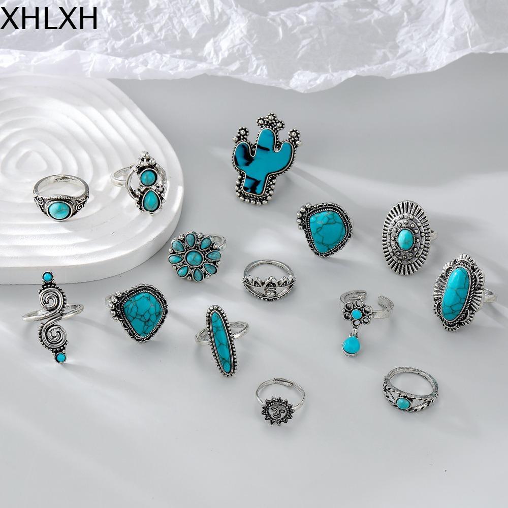 XHLXH 14 pcs/set Khắc Nhẫn Ngọc Lam Phong cách dân tộc Xương Rồng Nhẫn Phong Cách Bohemia Sáng Tạo Hình vuông Nhẫn hở Phụ nữ