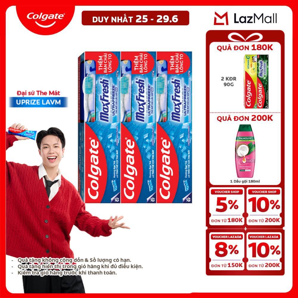 [Chỉ 25-29.6_X2 Voucher giảm đến 20%] [Tặng bàn chải đánh răng lông mềm] Bộ 3 Kem đánh răng Colgate MaxFresh 225g /tuýp tặng bàn chải đánh răng lông mềm