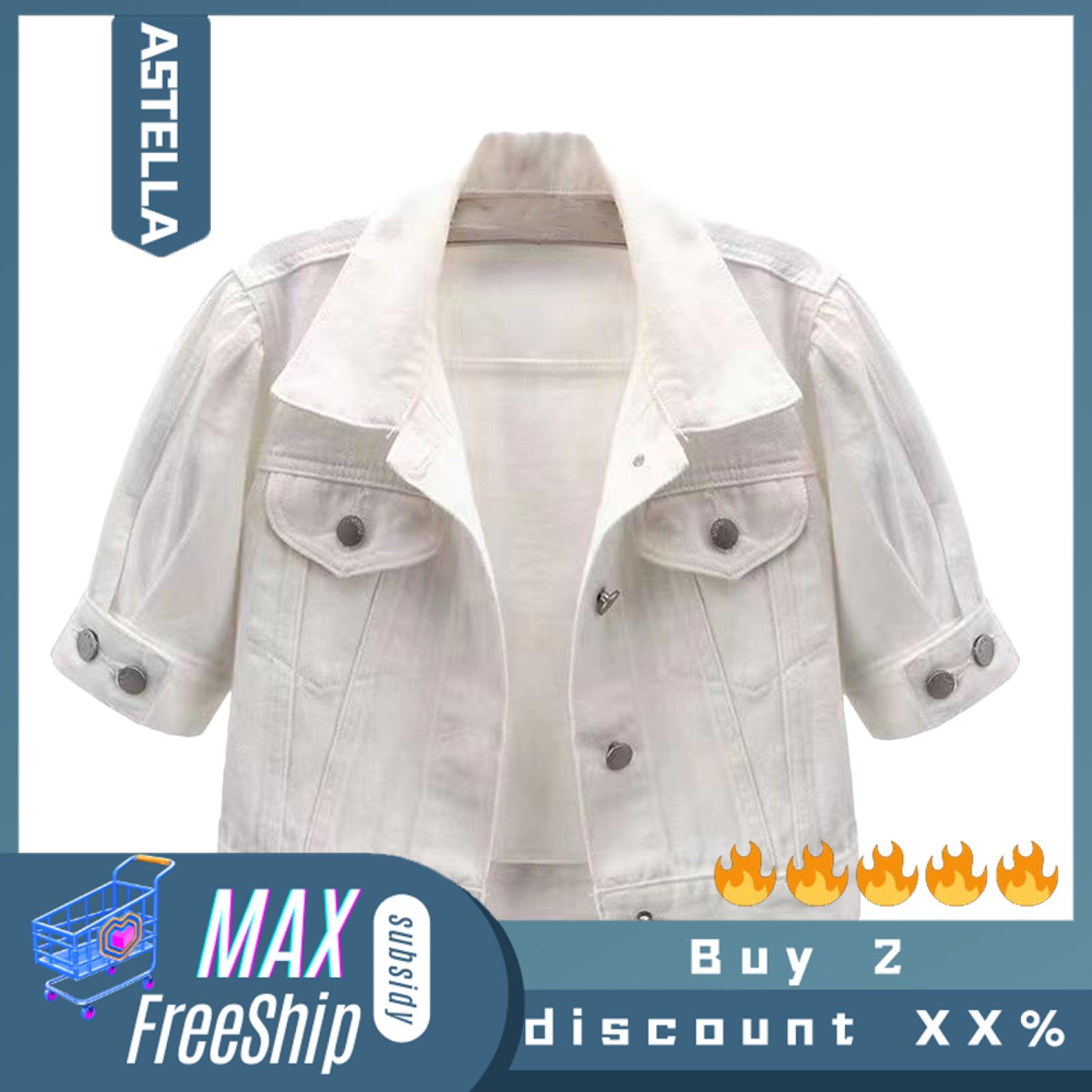 ASTELLA Single-breasted Denim Jacket Elegant Women Denim Women's Short Sleeve Denim Jacket Trendy Button Down Trucker Coat for Summer Casual Wear in Asia