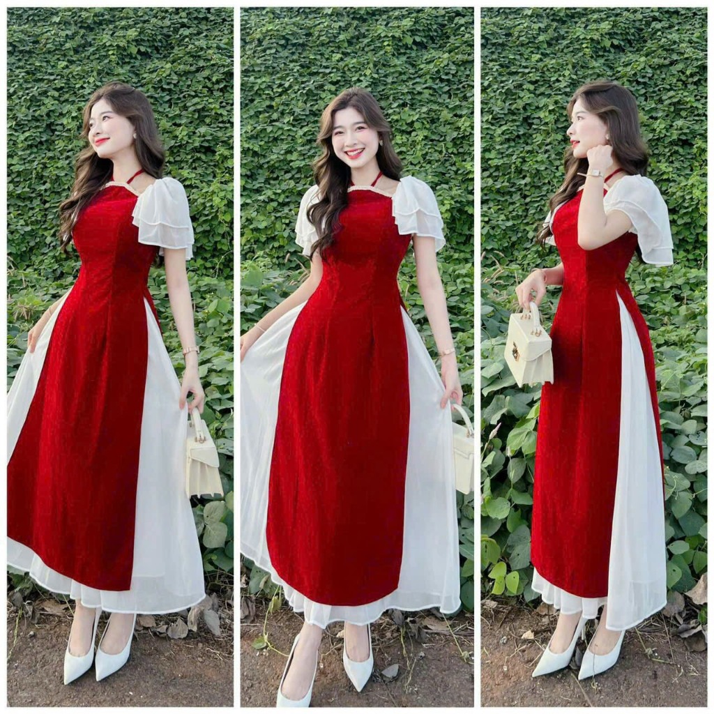  Set bộ áo dài cách tân nhung cổ yếm phối chân váy tơ gân xoè bồng dáng dài mặc tết đi chơi xinh xắn 
