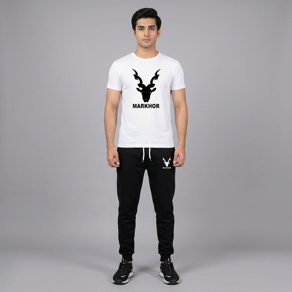 White & black markhor printed  For Men & Boys - Soft & Comfy Fabric Summer Printed / New trendy fired printed black & white premium quality tracksuit for men and boys