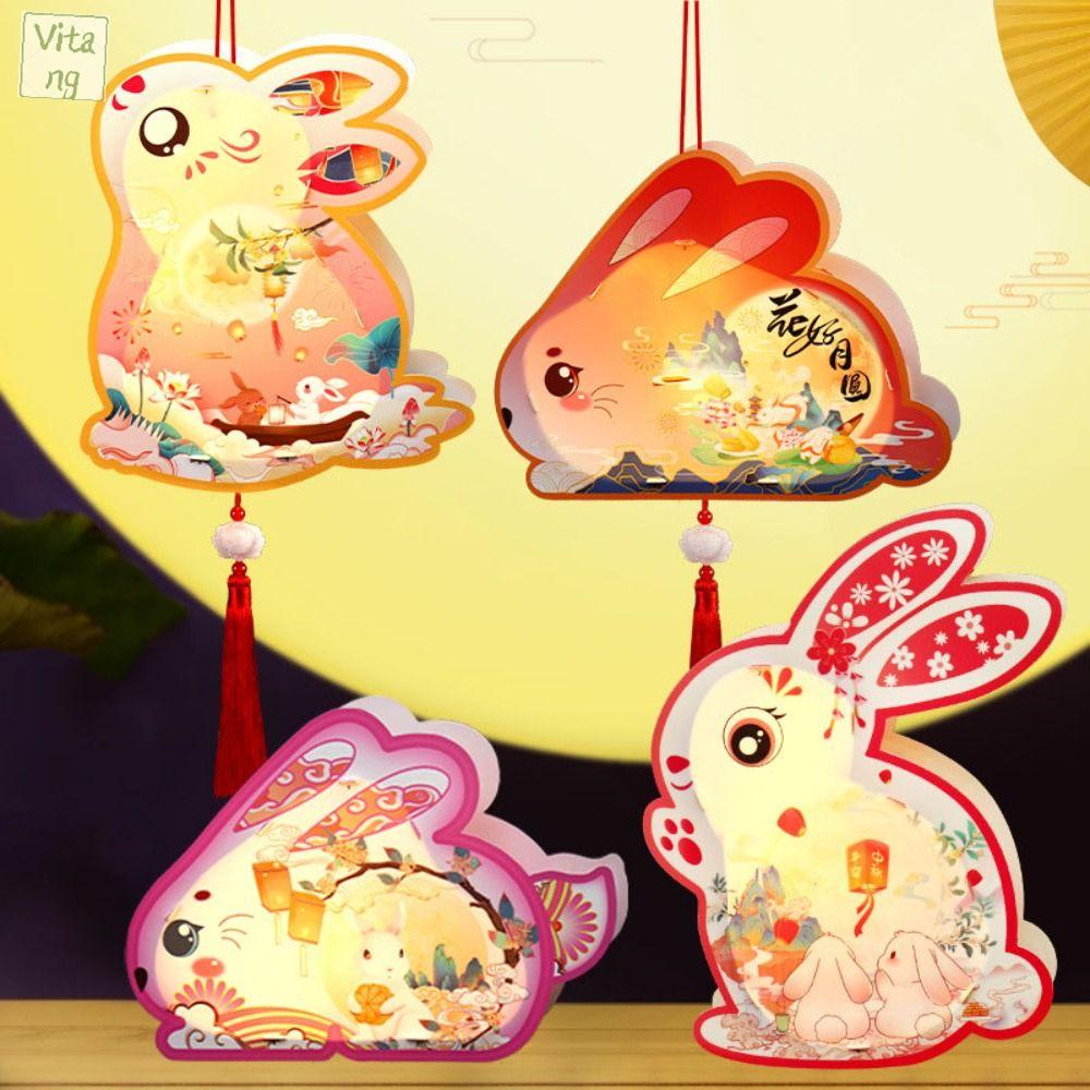 VITANG Phim hoạt hình Đèn lồng thỏ Sáng Phát sáng Gói vật liệu DIY đèn lồng Di động Phong cách Trung Quốc Đèn lồng lễ hội trung thu Lễ hội mùa thu giữa năm