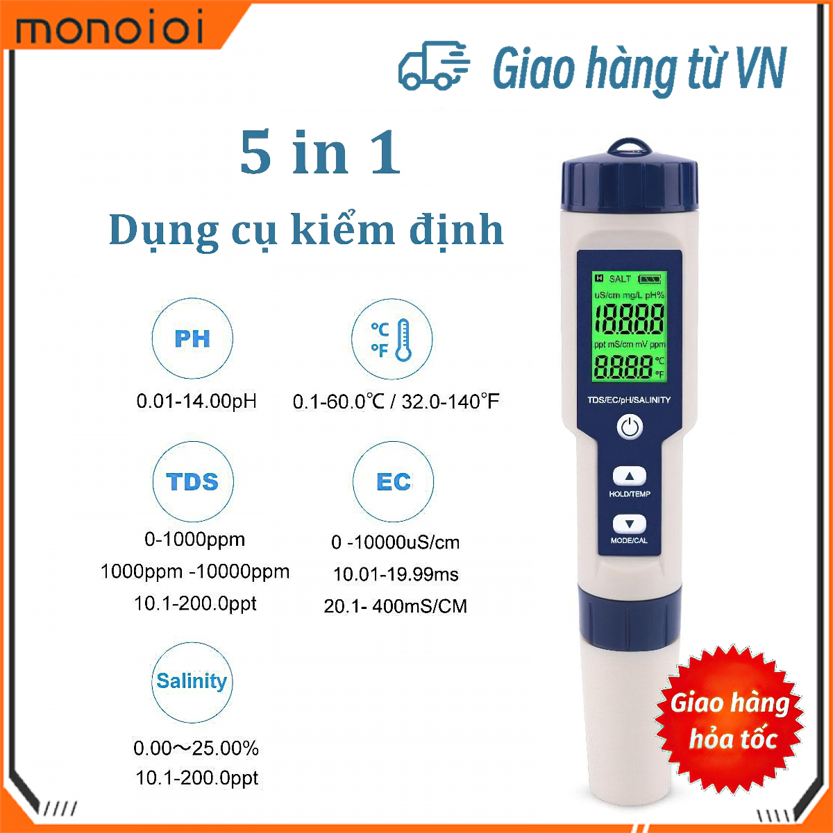 Monqiqi Bút đo độ mặn của nước 5 trong 1 pH/TDS/EC/độ mặn/nhiệt độ kèm 3 gói pH chuẩn