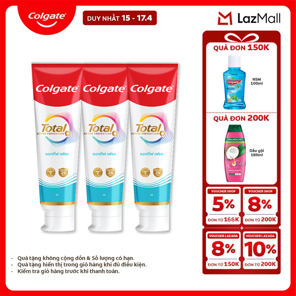 [Chỉ 15-17.4_X2 Voucher giảm đến 18%] [MỚI] Bộ 3 Kem đánh răng Colgate Total sạch sâu bảo vệ, ngăn ngừa 8 vấn đề răng miệng 150g/ tuýp