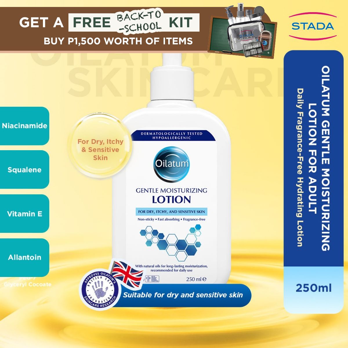 Oilatum Adult Gentle Moisturizing Lotion 250ml – Daily Fragrance-Free Hydrating Lotion with Niacinamide Squalene Vitamin E & Allantoin | For Dry Itchy & Sensitive Skin | Hypoallergenic Non-Sticky & Fast Absorbing