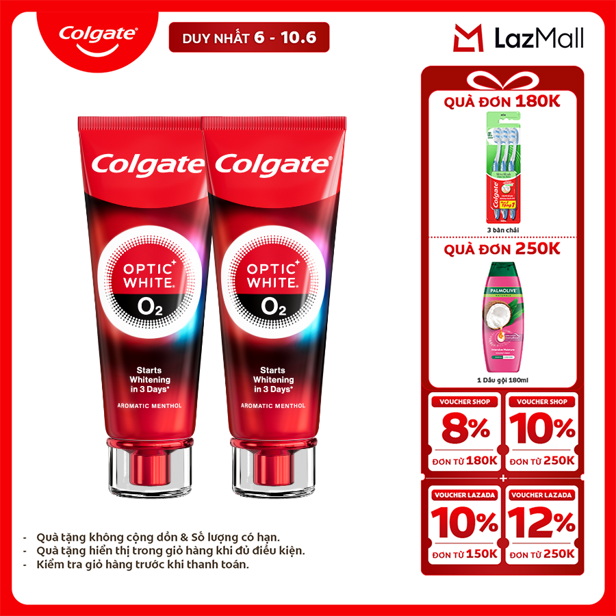 [Chỉ 6-10.6_X2 Voucher giảm 22%] Bộ 2 Kem Đánh Răng Colgate trắng răng đột phá CHỈ TRONG 3 NGÀY Optic White O2 với Oxy Hoạt Tính 85g/ tuýp