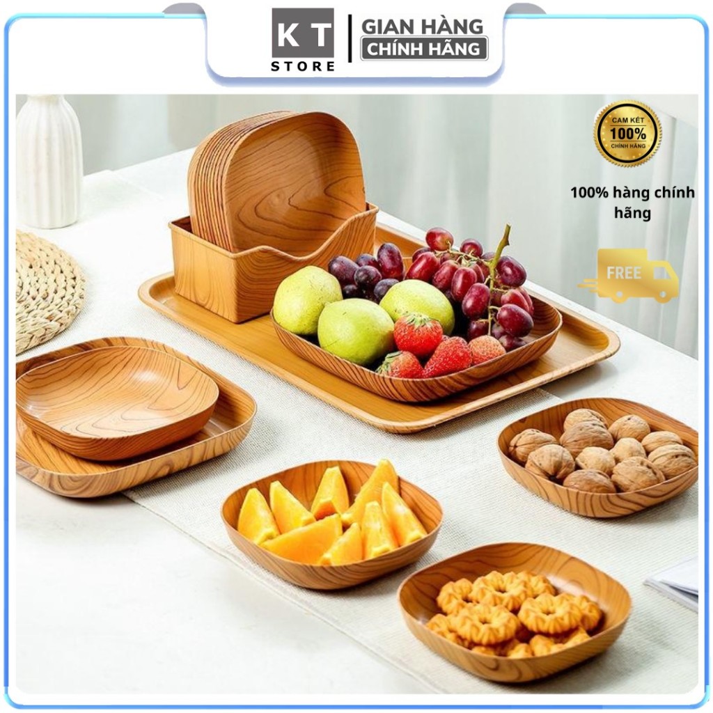 Set 8 Đĩa Vuông Giả Gỗ Cao Cấp - Đĩa Nhựa Vuông Lòng Sâu, Thiết Kế Hiện Đại, An Toàn Cho Gia Đình