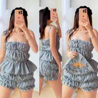 ZEALO Frida Garterized Ruched Peplum Top and Ruffled Shorts Gingham Checkered Terno – Seersucker