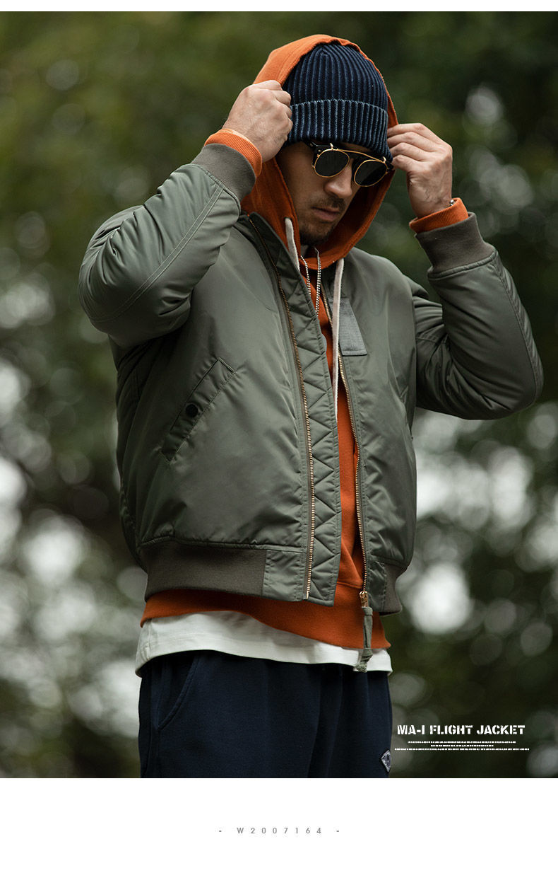 Madden Workwear   American R Army Green MA-1 Short Flight Jacket Warm Thick Cotton Coat for Men Trendy · v4