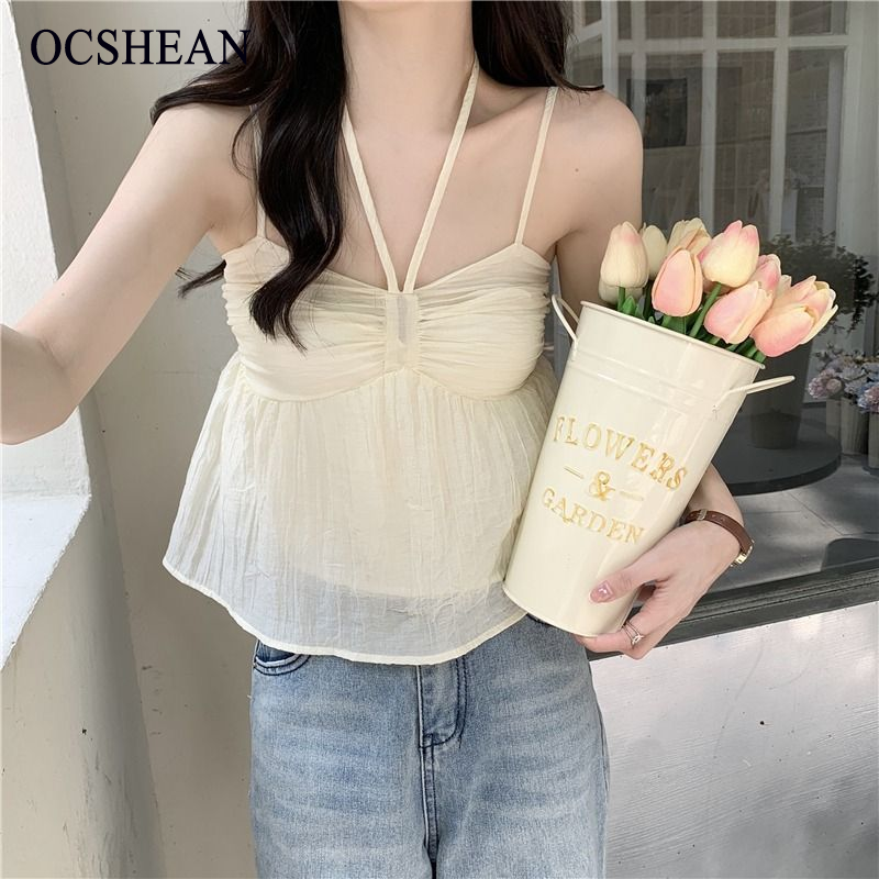OCSHEAN ฤดูร้อนใหม่สไตล์เกาหลีตุ๊กตาหวานเสื้อผูกโบว์แขนกุดสายเดี่ยวซับในเสื้อชีฟอง ราคา 147 บาท*ส่งฟรี
