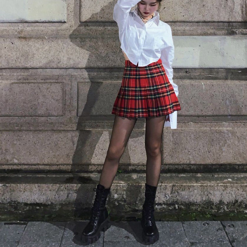 Amazon.com: Women's Elastic Waist Plaid Pleated Skirt Skater School Uniform  Mini Skirts Role Play Costume(Red,S) : Clothing, Shoes & Jewelry