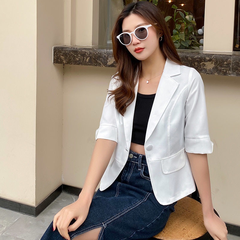 Phụ Nữ Blazer thời trang outwears Áo khoác giản dị mùa hè tay ngắn áo khoác cổ lật cúc đồng màu Blaz