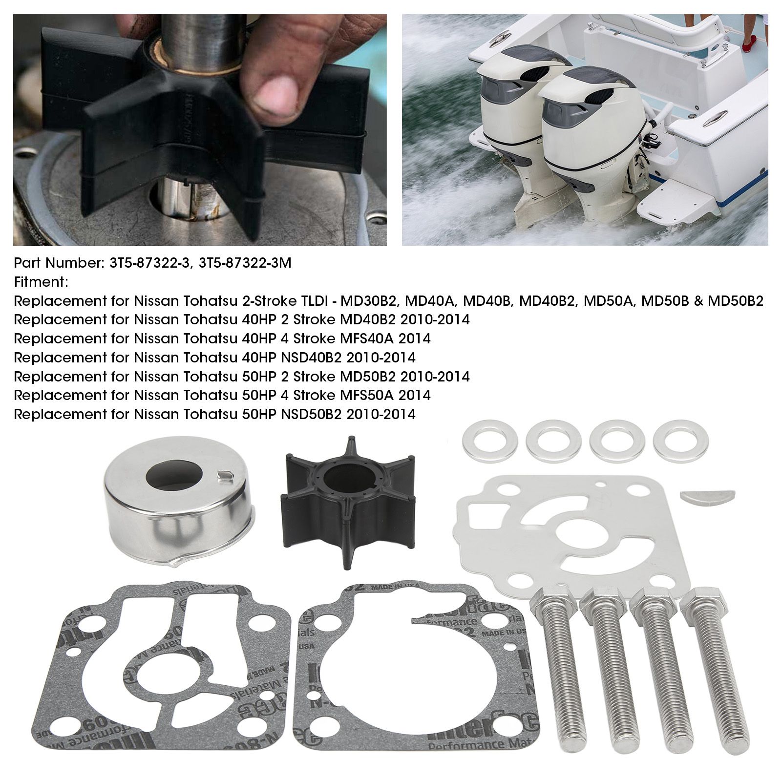 3t5 ‑ 87322 ‑ 3 Thép không gỉ Máy bơm nước Bộ đồ nghề điện Neoprene thay thế cho Nissan tohatsu 40/50 HP cho động cơ phía ngoài