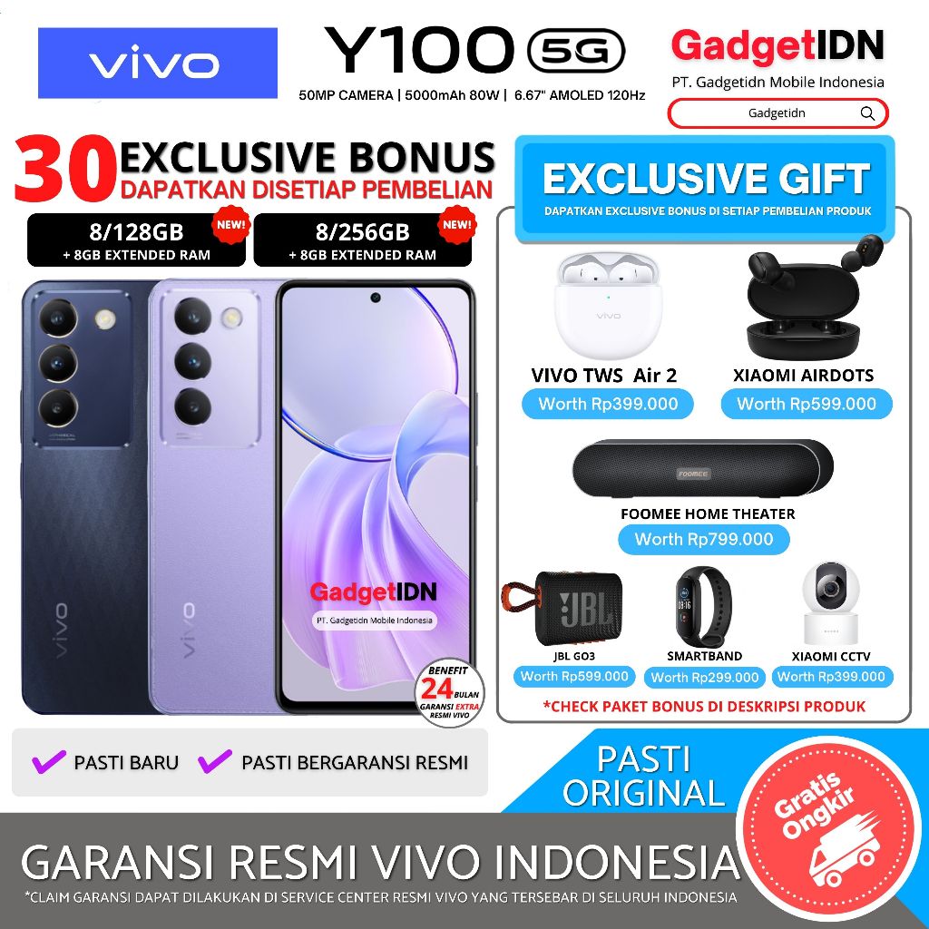 VIVO Y100 5G NFC 8/256GB 8/128GB ( +8GB Extended Ram ) Garansi Resmi Vivo Giá 3,899,000 Đồng*Miễn phí vận chuyển