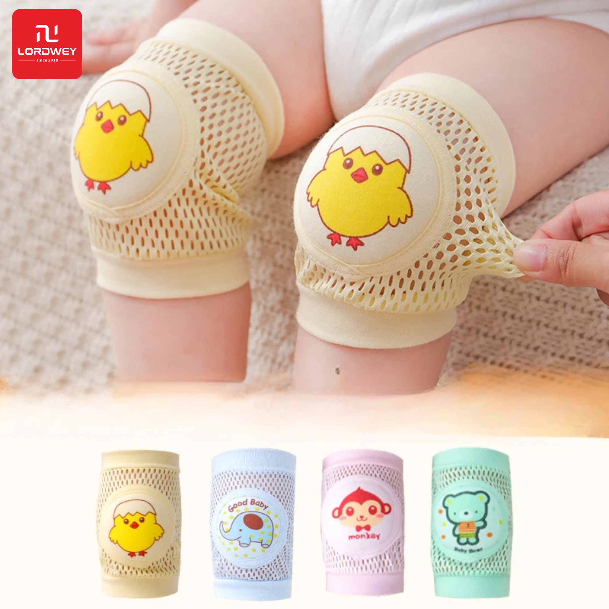 Lordwey 2 gói miếng đệm đầu gối trẻ nhỏ trẻ mới biết đi chống rơi bò công cụ bảo hộ mỏng mùa hè trẻ em xương bánh chè lưới bảo vệ đầu gối an toàn cho bé