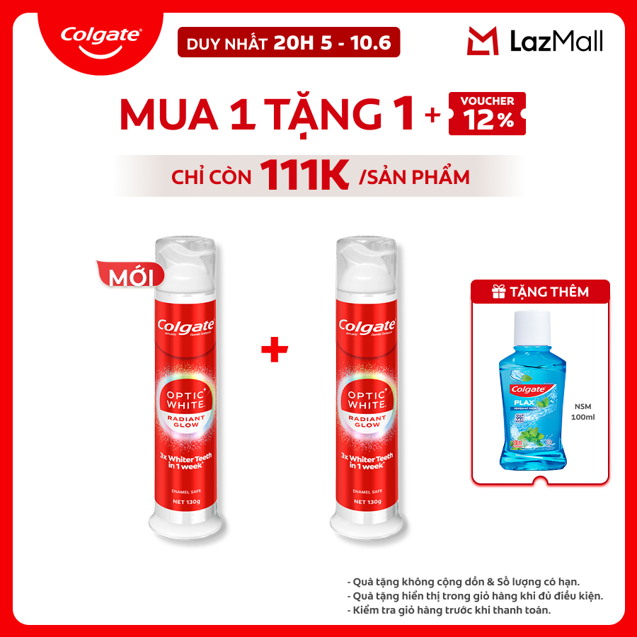 [Chỉ 20H 5-10.6_Voucher 12%] [MỚI] Kem đánh răng Colgate vòi nhấn thông minh Optic White Radiant Glow, trắng răng trong 7 ngày, khóa chân không hạn chế vi khuẩn 130g/ ống