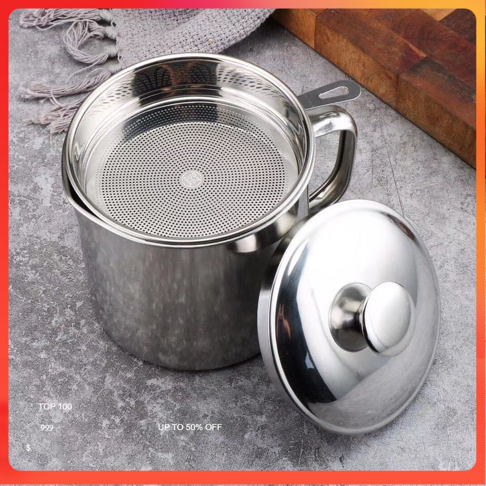Ca lọc dầu inox - bình lọc cặn dầu ăn cao cấp có nắp đậy