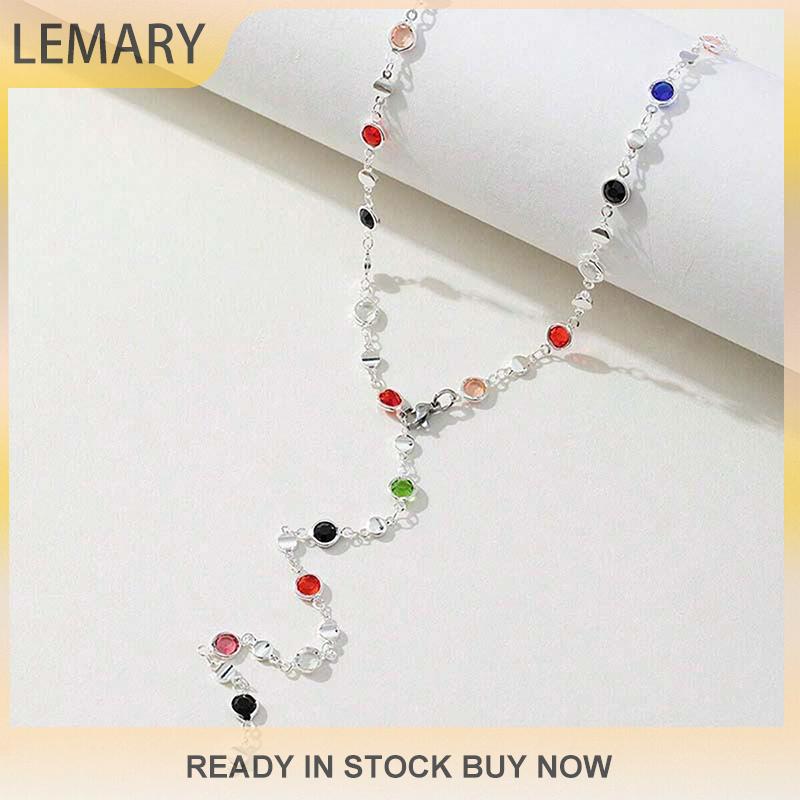 Lemary [2023 mới bán chạy thời trang] thời trang đầy màu sắc thủy tinh dài hình chữ Y Vòng cổ kim loại Chuỗi vòng xương đòn màu vàng bạc Vòng Cổ Tua trang sức cơ thể dự tiệc