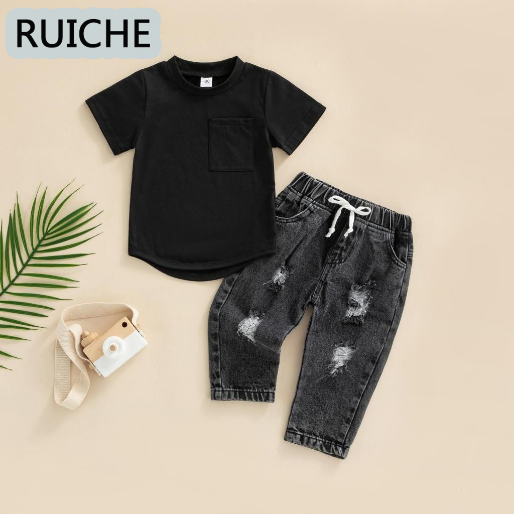 RUICHE ชุด2ชิ้นรวมถึงคาร์ดิแกนสีทึบและกางเกงยีนส์คาร์ดิแกนสีทึบสำหรับเด็กผู้ชายอายุ6เดือนถึง3ปี ราคา 210 บาท*ส่งฟรี