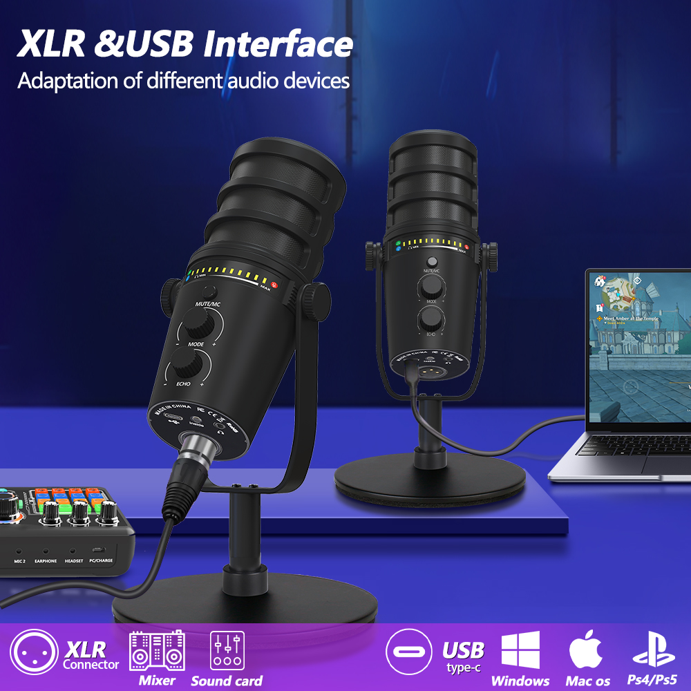 Haomuren Xlr USB Dynamic Microphone for Recording Podcasting, Computer Pc Streaming Gaming Microphone with Mute Button Headphone Jack Mu7