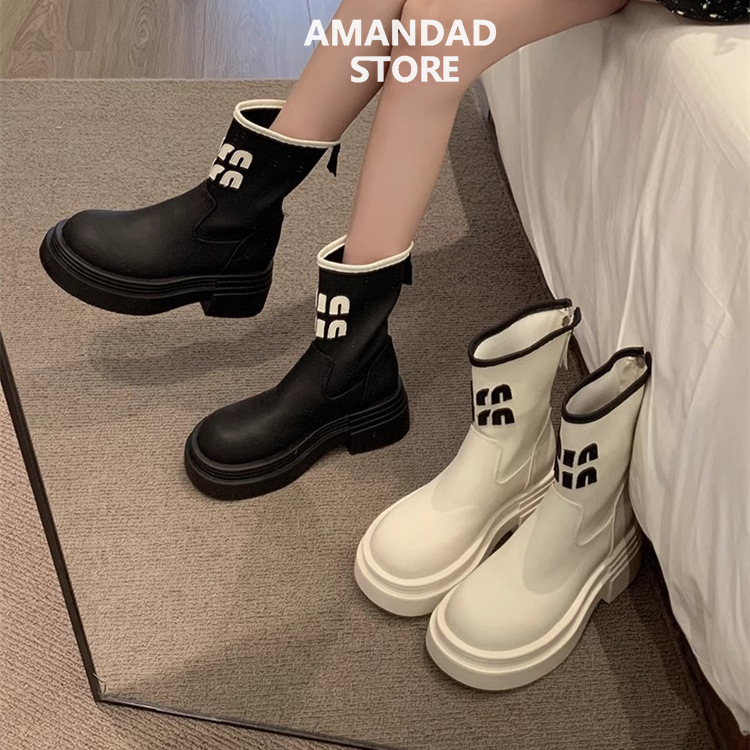 QiaoYiLuo Fashion stretch women's boots new thick-soled versatile rear zipper short boots ราคา 433 บาท*ส่งฟรี